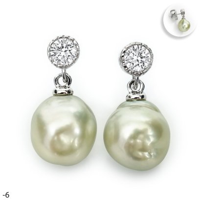 Approx. 9.5 mm, Gold South Sea Pearl, White Topaz Dot Dangle Pearl Stud Earrings