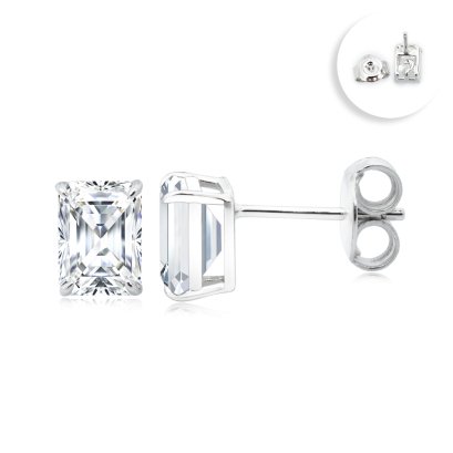 (GRA), Moissanite Emerald Cut (1.0ctx2/D/VVS1/Ex) Four Prongs with Hook Solitaire Moissanite Stud Earrings