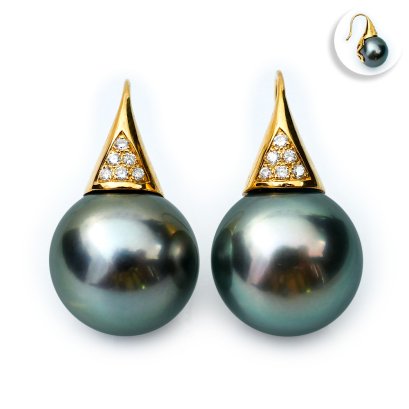 12.54 mm and 12.62 mm,Tahitian Pearl, Diamond Fish Hooks Pearl Earrings