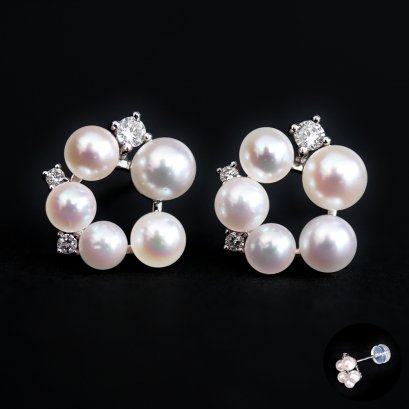 Approx. 3.0 mm, Akoya Pearl, Wreath Diamond & Pearl Stud Earrings