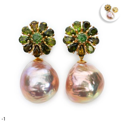 Approx. 14.0 - 16.0 mm, Freshwater Pearl, "Tourmaline Florista" Jacket Pearl Studd Earrings