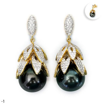 Approx. 14.0 - 15.0 mm, Tahitian Pearl, "Golden Chistmas Tree" Stud Pearl Earrings