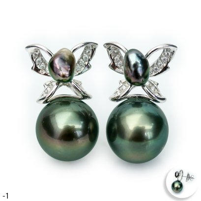 Approx. 5.0 -12.0 mm, Tahitian Pearl, " Wild Butterfly " Pearl Stud Earrings