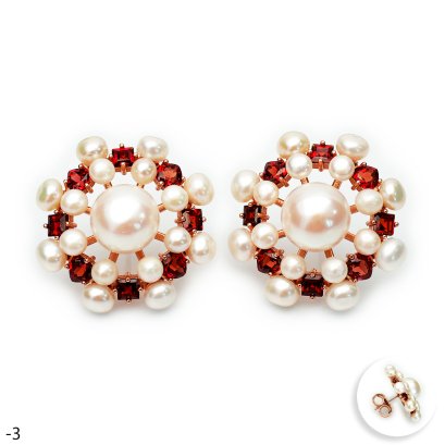 Approx. 4.5 mm and 9.5 mm, Freshwater Pearl, Garnet Halo Pearl Stud Earrings