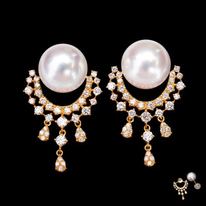 11.57 mm and 11.70 mm, White South Sea Pearl, Pearl Stud Earrings with Laboratory Grown Diamond Chandelier Jacket