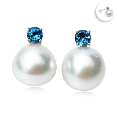 Approx. 11.0 mm, White South Sea Pearl, London Blue Topaz Dot Stud Pearl Earrings