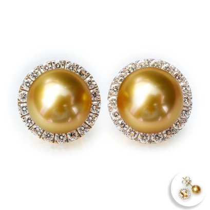 8.39 mm and 8.52 mm, Gold South Sea Pearl, Pearl with Laboratory Grown Diamond Halo Jacket Stud Earrings