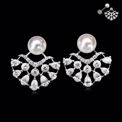 5.58 mm and 5.63 mm, Akoya Pearl, Pearl Stud with Laboratory Grown Diamond Chandelier Stud Earrings