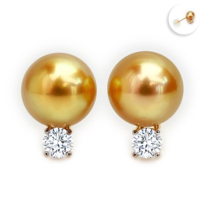 9.61 mm and 9.78 mm, Gold South Sea Pearl, Laboratory Grown Diamond Dot Pearl Stud Earrings