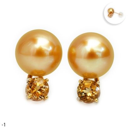 Approx. 10.0 mm, Gold South Sea Pearl, Citrine Dot Pearl Stud Earrings