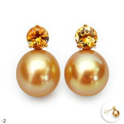 Approx. 9.0 - 10.0 mm, Gold South Sea Pearl, Citrine Dot Pearl Stud Earrings