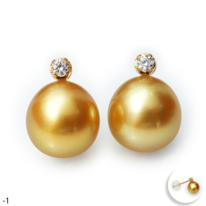 Approx. 9.0 - 10.0 mm, Gold South Sea Pearl, Naturl Diamond Dot Stud Pearl Earrings