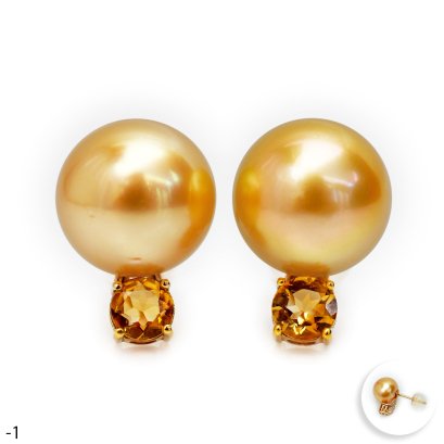 Approx. 12.0 mm, Gold South Sea Pearl, Citrine Pearl Stud Earrings