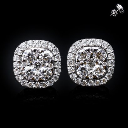 18K Gold, Laboratory Grown Diamond, Diamond Stud Earrings with Cushion Halo Diamond Hinge Jacket