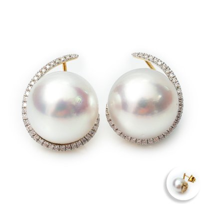 12.41 mm and 12.51 mm, White South Sea Pearl, Diamond Line Stud Pearl Earrings