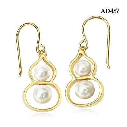 Approx. 5.0 mm and 6.0 mm, Akoya Pearl, "Golden Gourd" Dangle Twin Pearl Fish Hooks Earrings