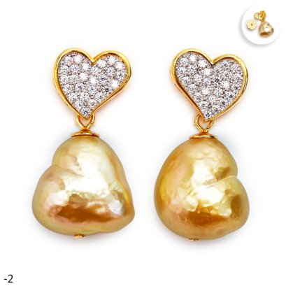 Approx. 14.0 - 15.0 mm, Heart Shaped Pearl, Gold South Sea Pearl, "Luminous Love" Heart Dangle Pearl Earrings