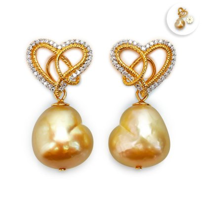 Approx. 13.0 - 14.0 mm, Heart Shaped Pearl, Gold South Sea Pearl, "Luminous Love" Stud Earrings