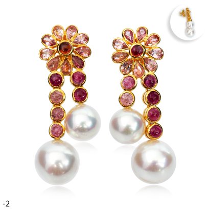 Approx. 11.0 - 13.0 mm, White South Sea Pearl, "Tourmaline Blooming" Dangle Double Pearl Stud Earrings