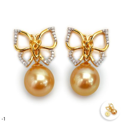 Approx. 10.0 mm, Gold South Sea Pearl, "Gold Butterfly" Dangle Pearl Stud Earrings