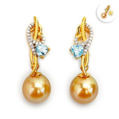 9.32 mm and 9.36 mm, Gold South Sea Pearl, "Gold Valentine" Dangle Pearl Stud Earrings