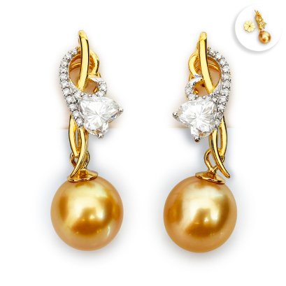 9.35 mm and 9.46 mm, Gold South Sea Pearl, "Gold Valentine" Dangle Pearl Stud Earrings