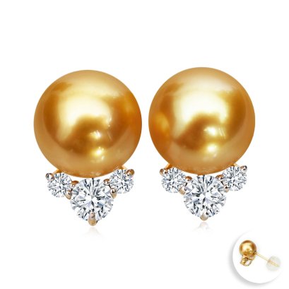 9.65 mm and 9.69 mm, Gold South Sea Pearl, Lab Grown Diamond Crown Pearl Stud Earrings