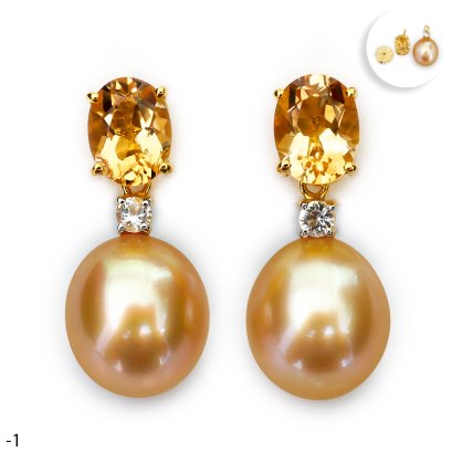 Approx. 12.0 mm, Gold South Sea Pearl, Citrine Dot Dangle Pearl Stud Earrings