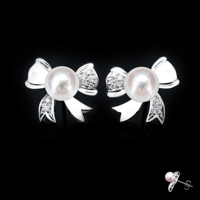 6.88 mm and 6.88 mm, Akoya Pearl, Diamond Bow Pearl Stud Earrings