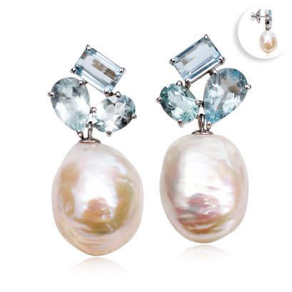 16.37 mm and 16.04 mm, Freshwater Pearl, Aquamarine Three Stones Fancy Shape Dangle Pearl Stud Earrings
