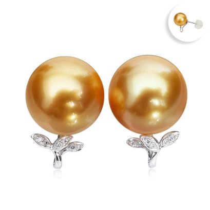 11.27 mm and 11.32 mm, Oriental Odyssey Lot, Gold South Sea Pearl, Diamond Leaves Stud Pearl Earrings