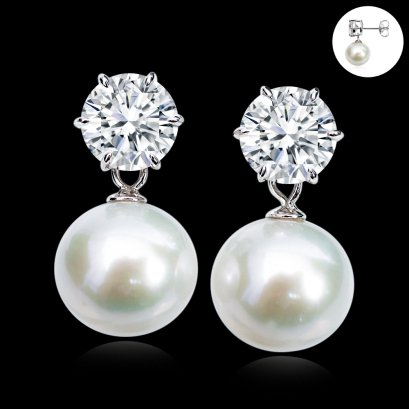 Approx. 10.0 mm, Edison Pearl, Six Prongs Round Brilliant Moissanite with Pearl Jacket Stud