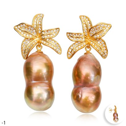 Approx. 11.0 mm, Peanut Pearl, Lilly CZ Paved, Dangle Pearl, Stud Earrings