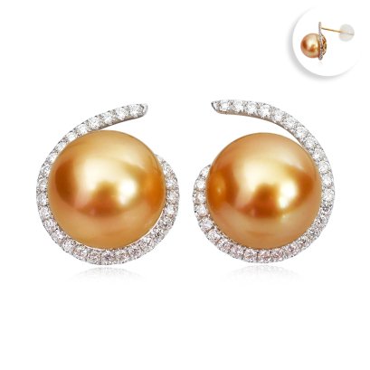 11.27 mm and 11.46 mm, Oriental Odyssey Lot, Gold South Sea Pearl, Spiral Diamond Paved Pearl Stud Earrings
