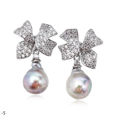 Approx. 8.0 - 9.0 mm, Akoya Pearl, Bow CZ Paved Dangle Pearl Stud Earrings