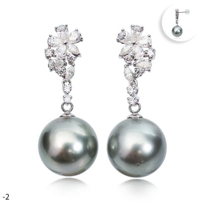 Approx. 10.0 - 11.0 mm, Tahitian Pearl, Flower CZ Dangle Pearl, Stud Earrings
