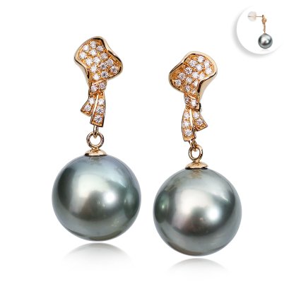 11.39 mm and 11.44 mm, Tahitian Pearl, CZ Paved Leaf Dangle Pearl Stud Earrings