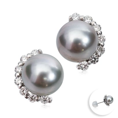 10.16 mm and 10.17 mm, Tahitian Pearl, Half Halo Diamond Solitaire Pearl Stud Earrings