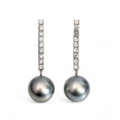 Approx. 11.0 - 12.0 mm, Tahitian Pearl, Diamond Row Dangle Pearl Stud Earrings
