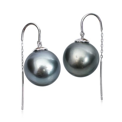 13.89 mm and 13.93 mm, Tahitian Pearl, Curve Threader Dangle Pearl Earrings