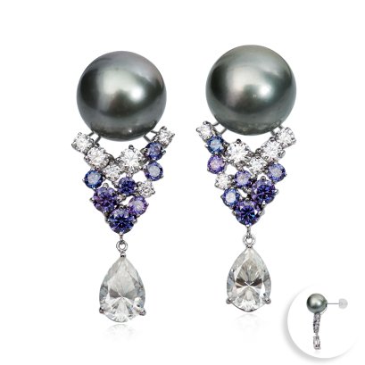 14.35 mm and 14.64 mm, Tahitian Pearl, Moissanite Chandelier Pearl Stud Earrings