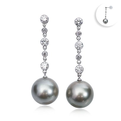 11.43 mm and 11.54 mm, Tahitian Pearl, Alternating Sizes Diamond Stripe Dangle Pearl Stud Earrings