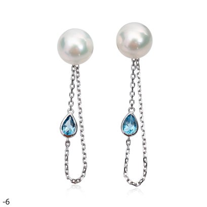 Approx. 10.0 - 11.0 mm, Edison Pearl, Pearl Stud Earrings with Swiss Blue Topaz Drop Chain Jacket
