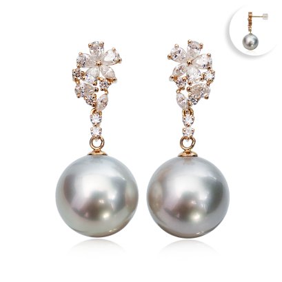 12.0 mm and 12.0 mm, Tahitian Pearl, Flower CZ Paved Dangle Pearl Stud Earrings