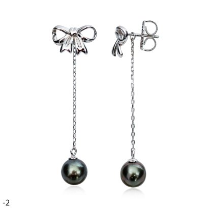 Approx. 7.9 - 8.0 mm, Tahitian Pearl, Bow Stud Earring with Dangle Chain Pearl