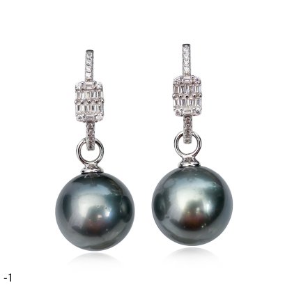Approx. 11.0 - 13.0 mm, Tahitian Pearl, CZ Paved Latch Back Dangle Pearl Earrings