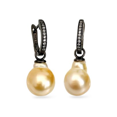 Approx. 9.0 - 10.0 mm, Gold South Sea Pearl, Latch Back CZ Paved Earrings with Dangle Pearl Jacket