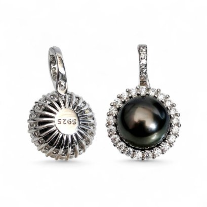 Approx. 10.0 mm, Tahitian Pearl, Halo CZ Solitaire Pearl Hinge Clasp Pendant