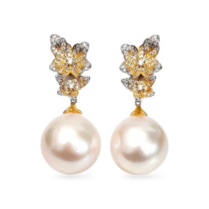 15.9 mm and 16.3 mm, Shangri - La Lot, Edison Pearl, Double Leavs CZ Paved Dangle Pearl Earrings