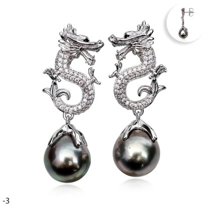 Approx. 11.0 mm, Tahitian Pearl, Dragon CZ Paved Dangle Pearl Stud Earrings